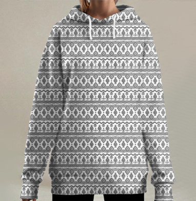 Чёрно-белый геометрический этно-орнамент, Hoodie Long Oversize 3D