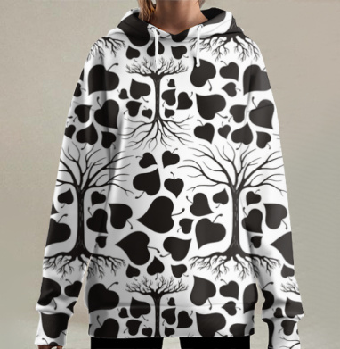 Белое дерево с кружащей листвой на черном фоне, Hoodie Long Oversize 3D
