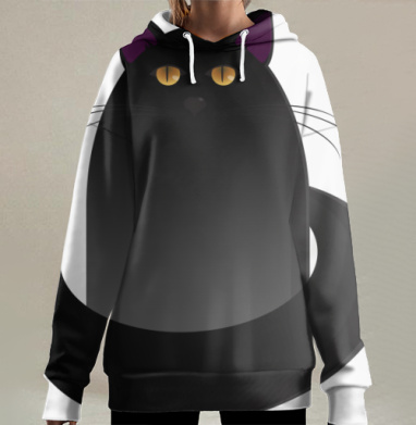 Большая черная кошка с золотыми глазами с хвостом, Hoodie Long Oversize 3D