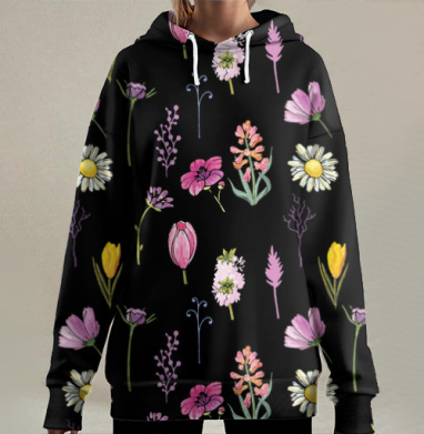 Цветочный паттерн на черном фоне, Hoodie Long Oversize 3D