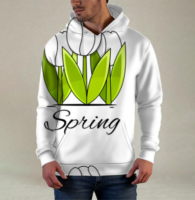 Белые тюльпаны и зелёные листья весна надпись Spring, Худи / Мужская / С карманом / 3D