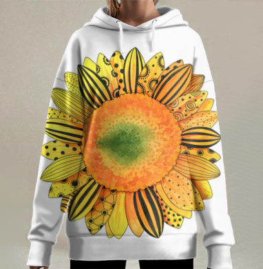 Подсолнух с узорами желтый оранжевый зеленый черный, Hoodie Long Oversize 3D