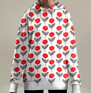 Графические красные цветы на сером фоне узор, Hoodie Long Oversize 3D