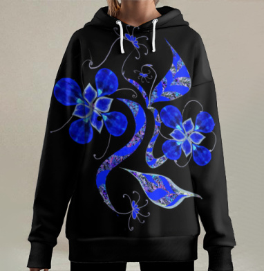 Яркие синие цветы с абстрактными листьями на черном фоне, Hoodie Long Oversize 3D
