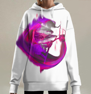 Цифровой глитч череп в насыщенных фиолетовых тонах, Hoodie Long Oversize 3D