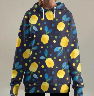 Свежие яркие лимоны с листьями на синем фоне для подушки, Hoodie Long Oversize 3D