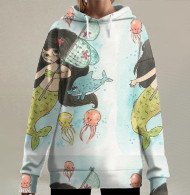 Маленькая русалочка с морскими звездами и дельфином акварель, Hoodie Long Oversize 3D