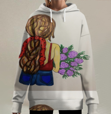 Неотразимая девушка с цветами и красной лентой, Hoodie Long Oversize 3D