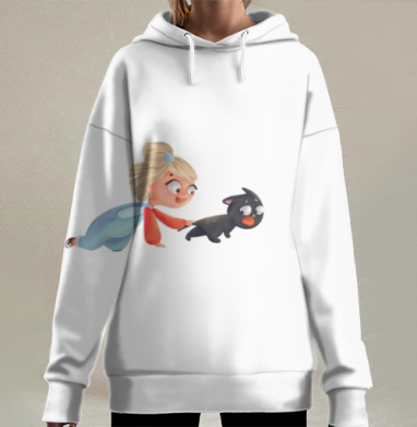 Мальчик играет с кошкой на сером фоне подвижного взаимодействия, Hoodie Long Oversize 3D