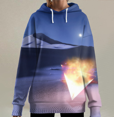 Пылающий перевернутый треугольник в ночной пустыне, Hoodie Long Oversize 3D