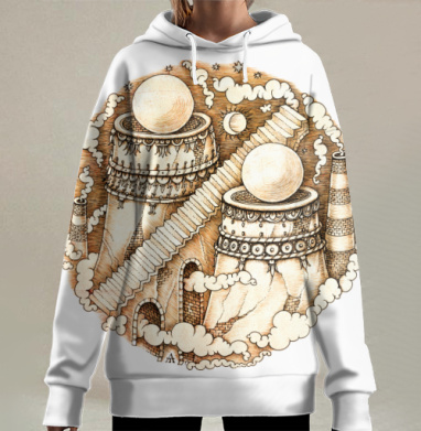 Лестница к Мифическим Башням с Шарами и Облаками, Hoodie Long Oversize 3D