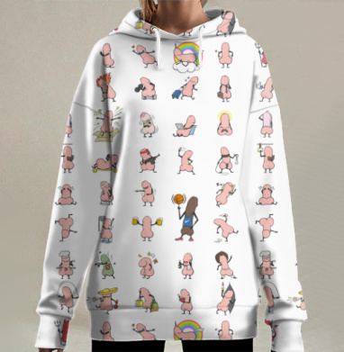 Комичные сценки забавного персонажа в розовых тонах с эмоциями, Hoodie Long Oversize 3D