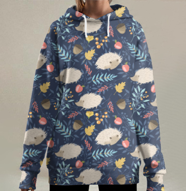 Декоративная сцена с милыми осенними ёжиками, Hoodie Long Oversize 3D