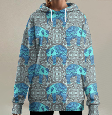 Этнический слон, фон мандала, Hoodie Long Oversize 3D