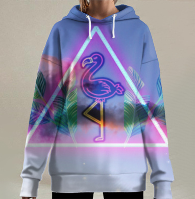 Неоновый фламинго с листьями в яркой неоновой треугольной рамке, Hoodie Long Oversize 3D