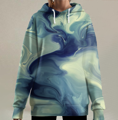 Глубокие синие бирюзовые волны плавное движение цвета, Hoodie Long Oversize 3D