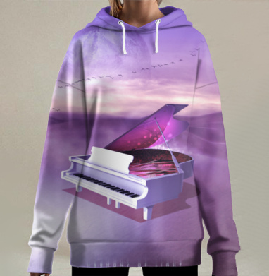 Белое пианино в фиолетовой гармонии света вверх, Hoodie Long Oversize 3D