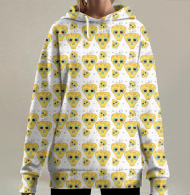 Яркий узор с игривыми жёлтыми черепами и цветными кругами, Hoodie Long Oversize 3D