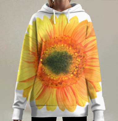 Жёлтый подсолнух с акварельной живописной окраской на белом фоне, Hoodie Long Oversize 3D