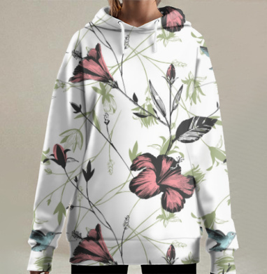Гибискус и колибри в нежной гармонии природы, Hoodie Long Oversize 3D