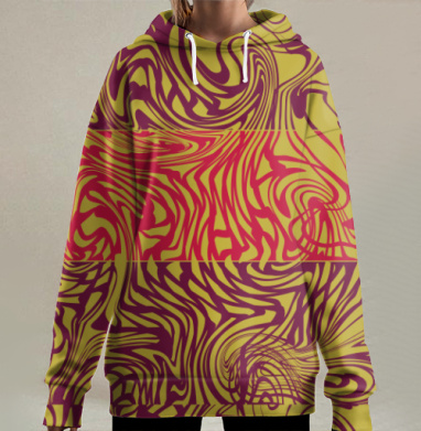 Абстрактное переплетение линий в оливковом бордовом темных оттенках, Hoodie Long Oversize 3D