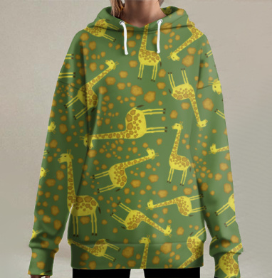 Жёлтые жирафы с пятнами рисунок на сером фоне, Hoodie Long Oversize 3D