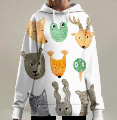 Милые звери лица акварель оранжевый зеленый серый, Hoodie Long Oversize 3D
