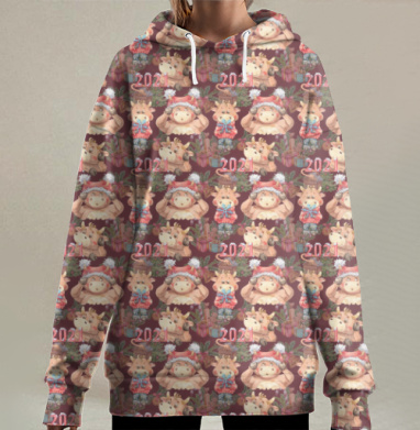 Милый коровёнок с букетом в новогодней шапке 2021, Hoodie Long Oversize 3D