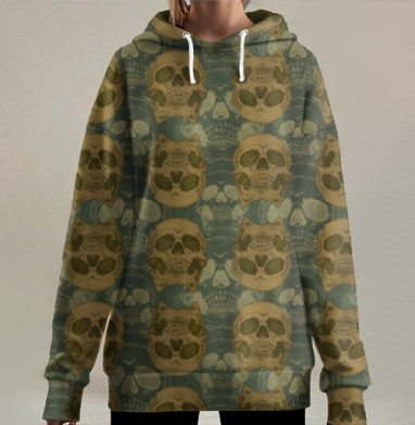 Готический узор с черепами и сердечками, Hoodie Long Oversize 3D