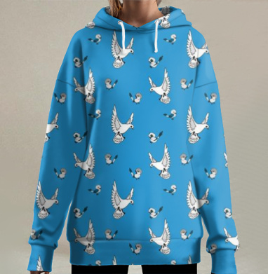 Свободные синие и белые птицы в полёте, Hoodie Long Oversize 3D