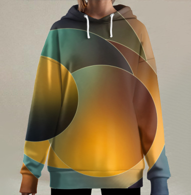 Сложные сферы в золотистых оттенках и бирюзовом цвете, Hoodie Long Oversize 3D