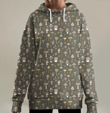 Нежный узор с лесными грибами и листьями, Hoodie Long Oversize 3D