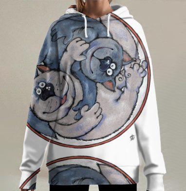 Коты Инь Янь баланс и гармония коты Инь Янь, Hoodie Long Oversize 3D