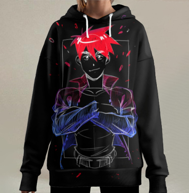 Неоновый портрет уверенного персонажа аниме Моревна, Hoodie Long Oversize 3D