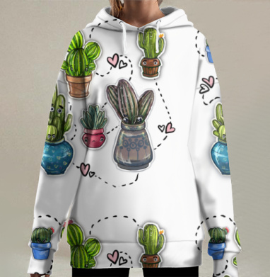 Веселые колючие кактусы в милых горшках, Hoodie Long Oversize 3D