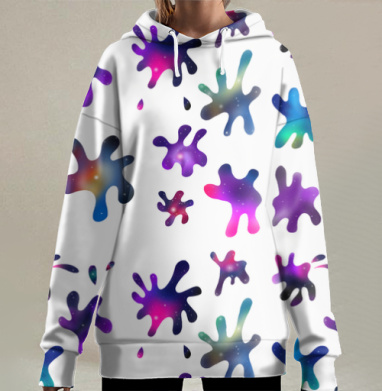 Космические цветные пятна с эффектом звездного неба на белом фоне, Hoodie Long Oversize 3D