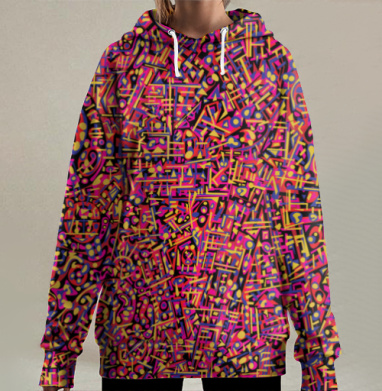 Сложный абстрактный калейдоскоп контрастных цветов на фоне, Hoodie Long Oversize 3D