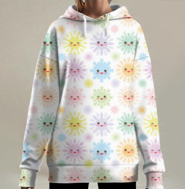 Кавайи Снежинки на белом фоне розовые сиреневый голубые оранжевые, Hoodie Long Oversize 3D