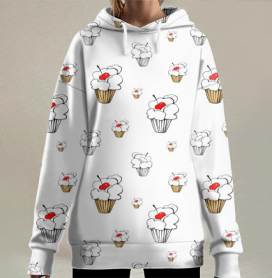Белые кексы с вишней на белом фоне с пышной шапкой, Hoodie Long Oversize 3D