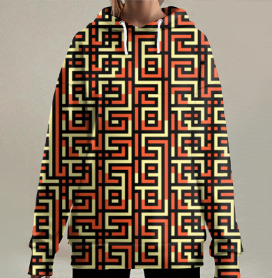 Геометрический лабиринт красный желтый черный, Hoodie Long Oversize 3D