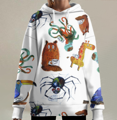 Животные с кружками кофе утреннее пробуждение кофе, Hoodie Long Oversize 3D