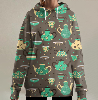 Уютный ретро узор с чайниками и чашками, Hoodie Long Oversize 3D
