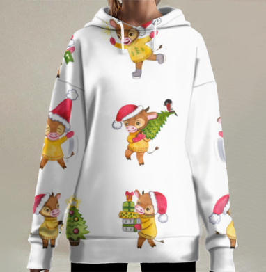 Новогодние мультяшные бычки украшают елку несут подарки, Hoodie Long Oversize 3D