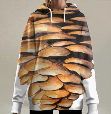 Коричневая еловая шишка, акварель, Hoodie Long Oversize 3D