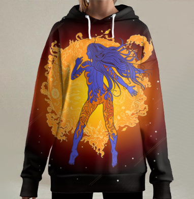Космическая девушка и огненное солнце., Hoodie Long Oversize 3D