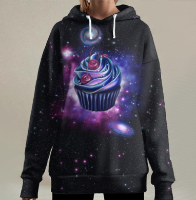 Космический капкейк с вишней на фоне звездного неба, Hoodie Long Oversize 3D