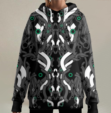 Симметричный абстрактный узор с черным белым зелёным, Hoodie Long Oversize 3D