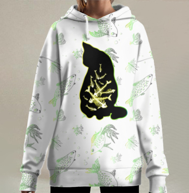 Кот с рыбьими скелетами внутри контуром кота, Hoodie Long Oversize 3D