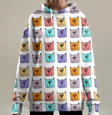 Веселый узор с квадратными мордочками котов, Hoodie Long Oversize 3D