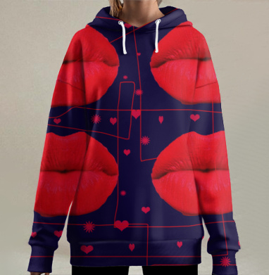 Яркие красные губы в стиле поп-арт, Hoodie Long Oversize 3D